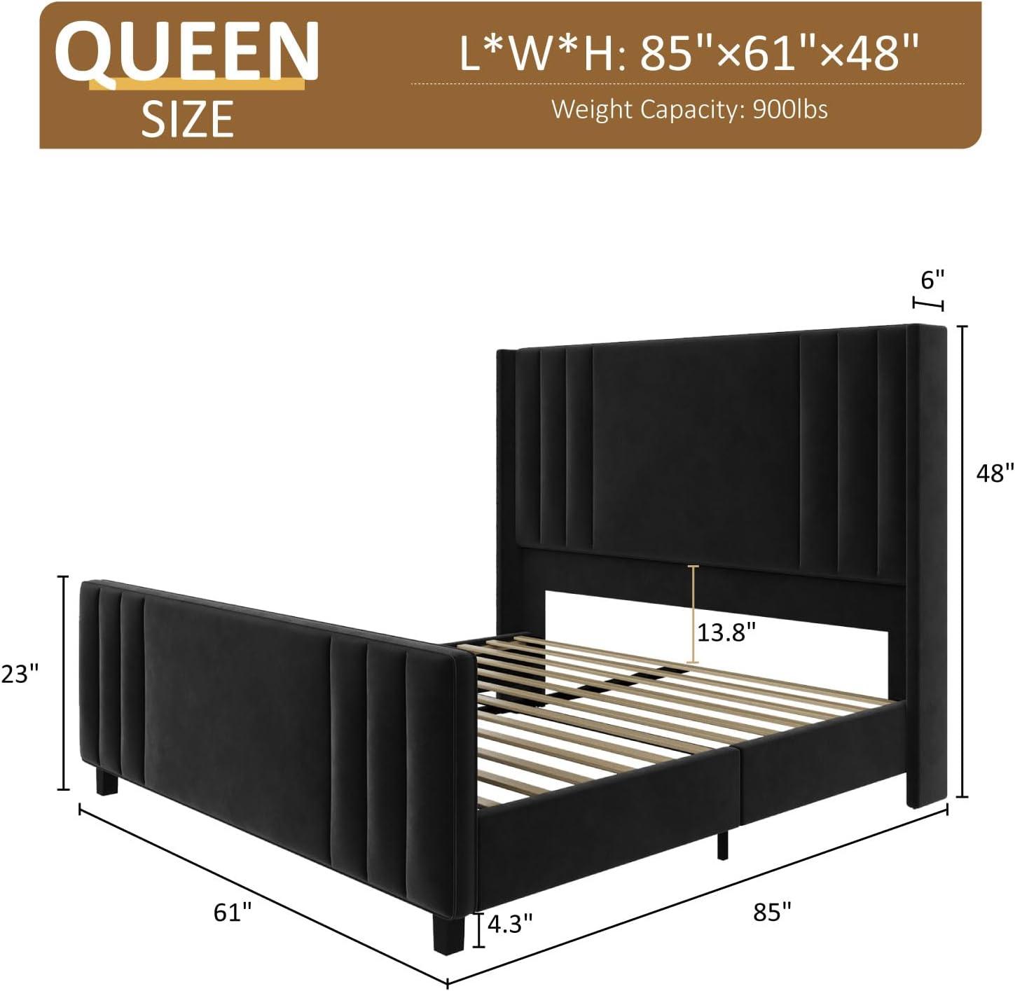 Queen Black Velvet Upholstered Platform Bed with Tufted Headboard