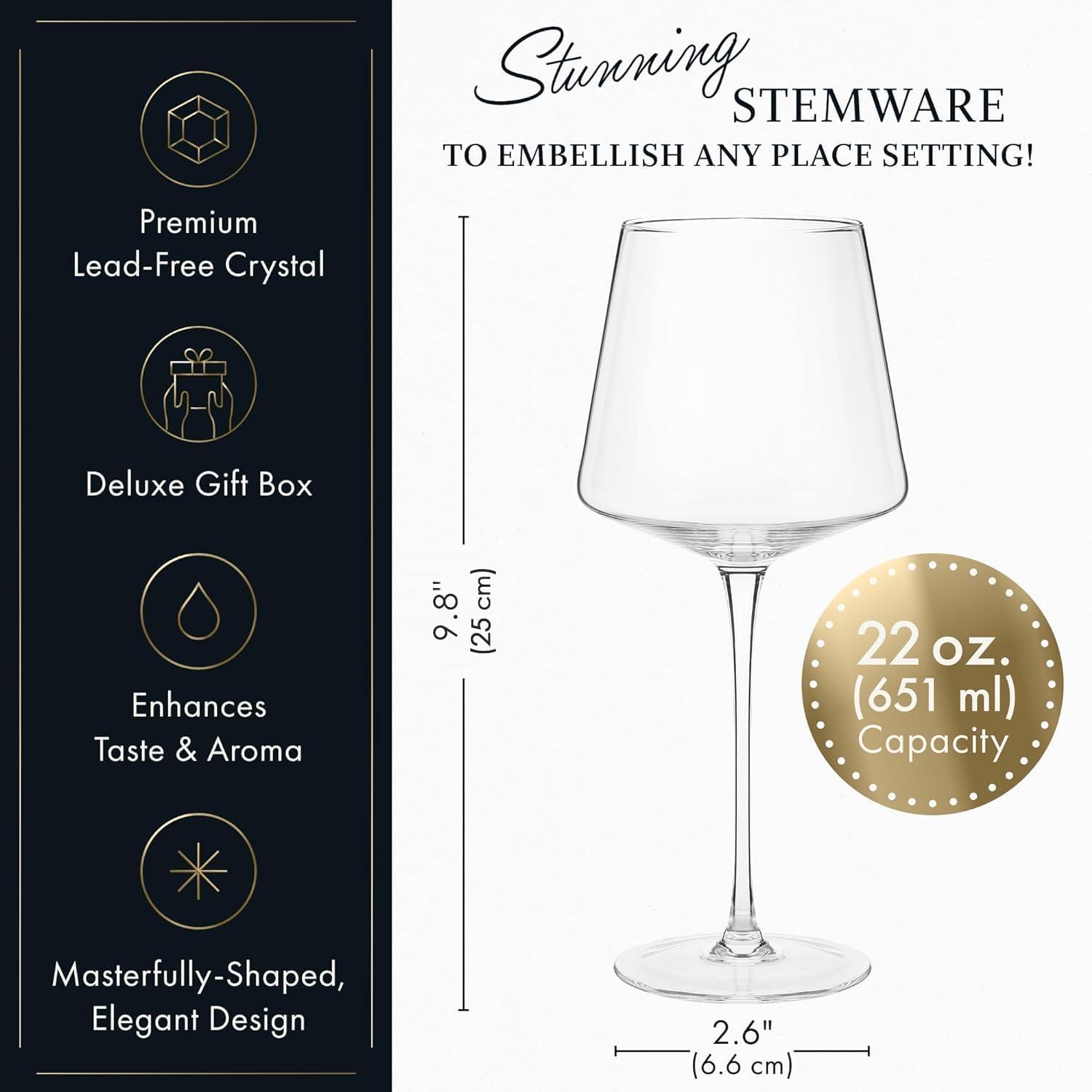 Elixir Glassware Red Wine Glasses - Set of 4 Hand Blown Large Wine Glasses - Long Stem Wine Glasses, Premium Crystal - 22oz, Clear