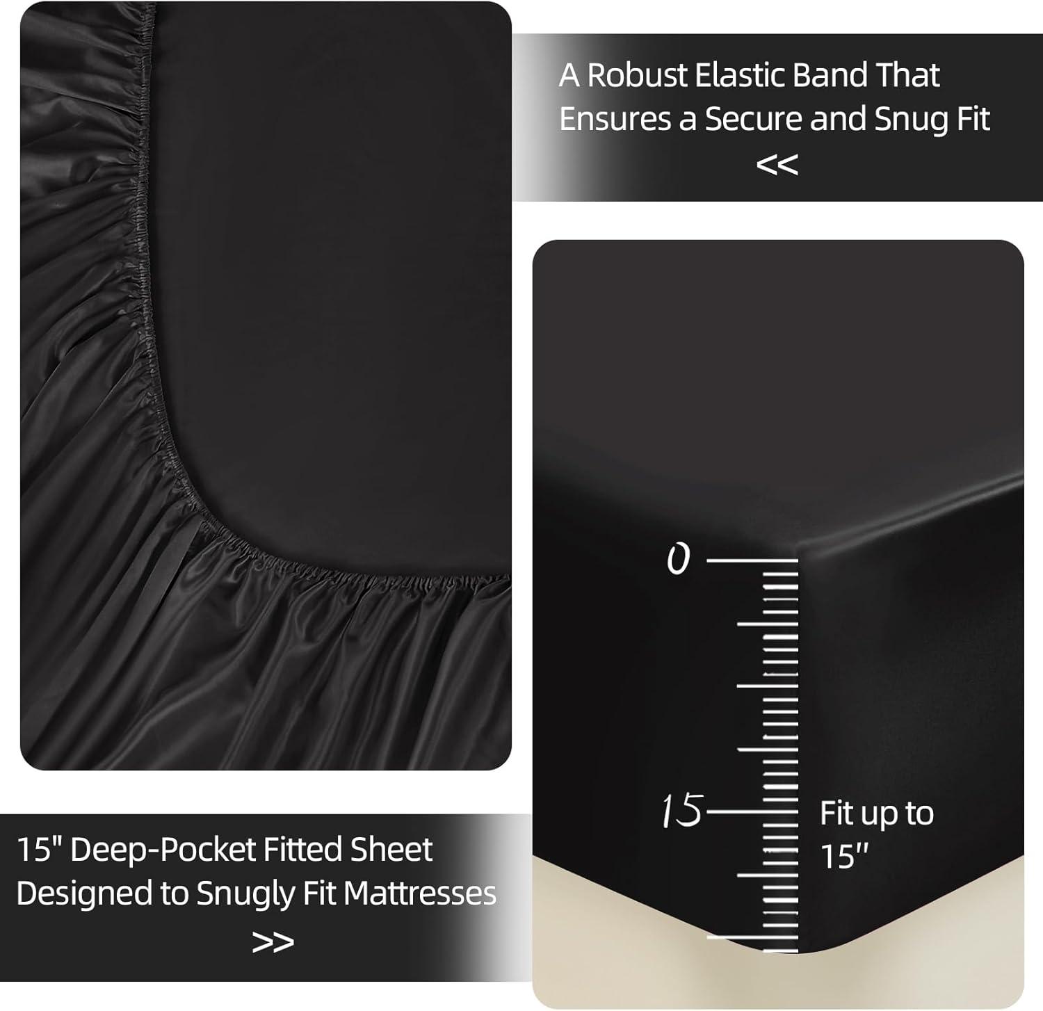 INKEDZ Satin Bed Sheets, Queen Size Sheets Set, 4 Pcs Silky Bedding Set with 15 Inches Deep Pocket for Mattress (Queen, Black)