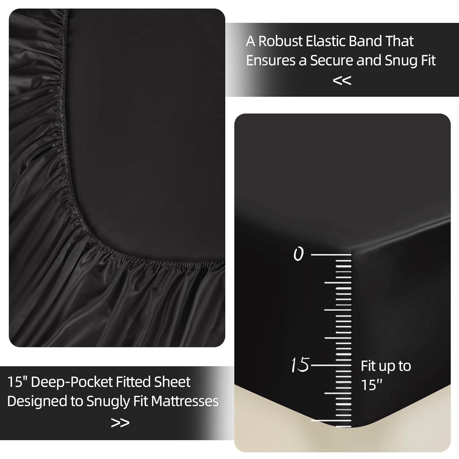 INKEDZ Satin Bed Sheets, Queen Size Sheets Set, 4 Pcs Silky Bedding Set with 15 Inches Deep Pocket for Mattress (Queen, Black)