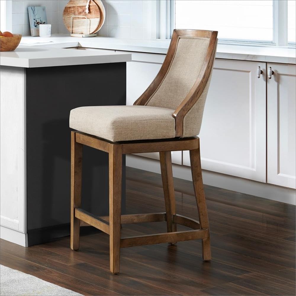 Alaterre Ellie Bar Height Stool, Back, Swivel Seat, Brown, Upholstered Padded Seat, Rubberwood Frame, Steel Memory Return Mechanism, Dimensions 19 in. W x 22 in. D x 46 in. H, Footrest, Metal Kick Plate