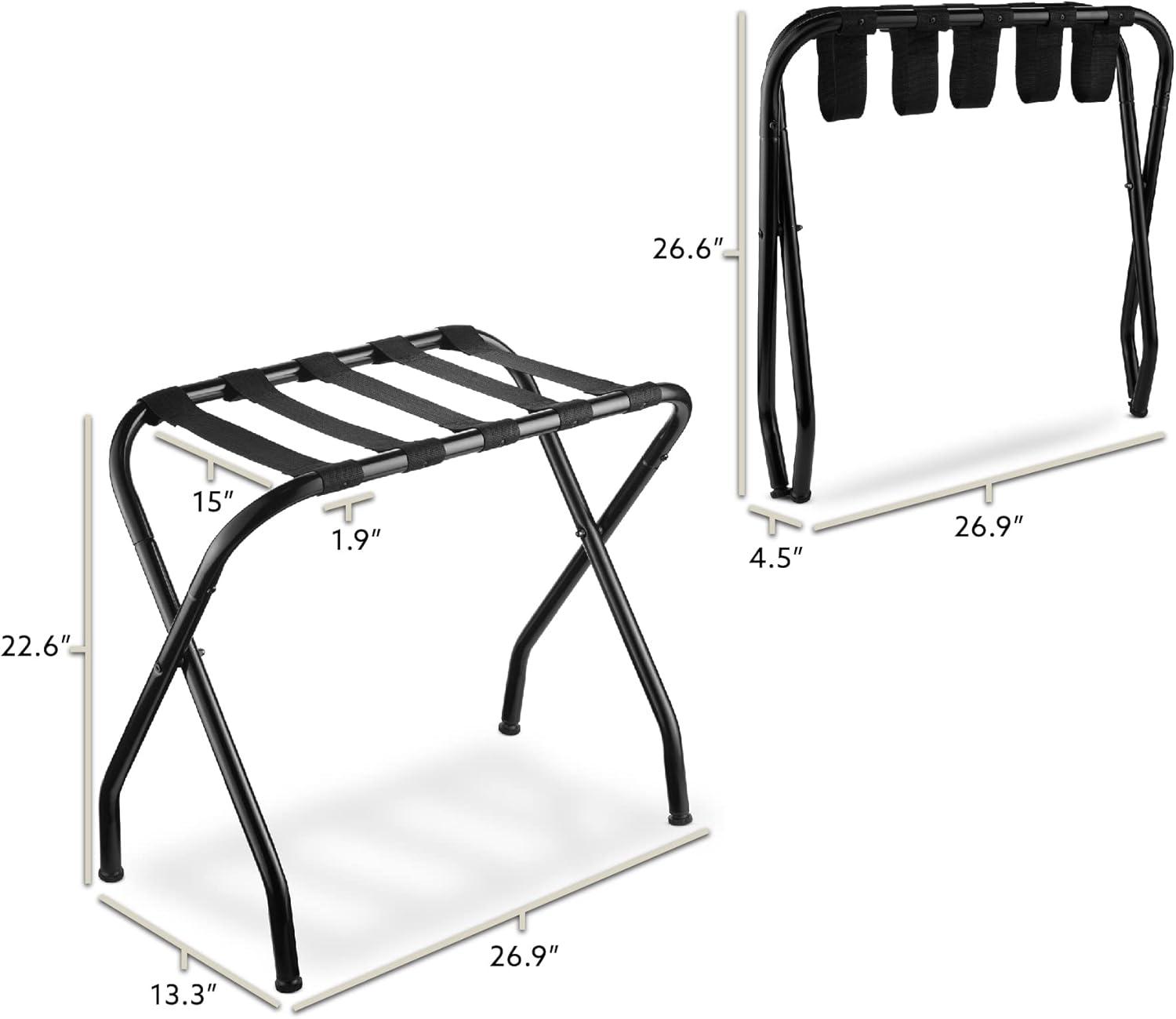 2-Pack Folding Luggage Rack Collapsible Metal Suitcase Stand with Durable Black Nylon Straps- for Bedroom, Guest Room, or Hotel (Black Steel)