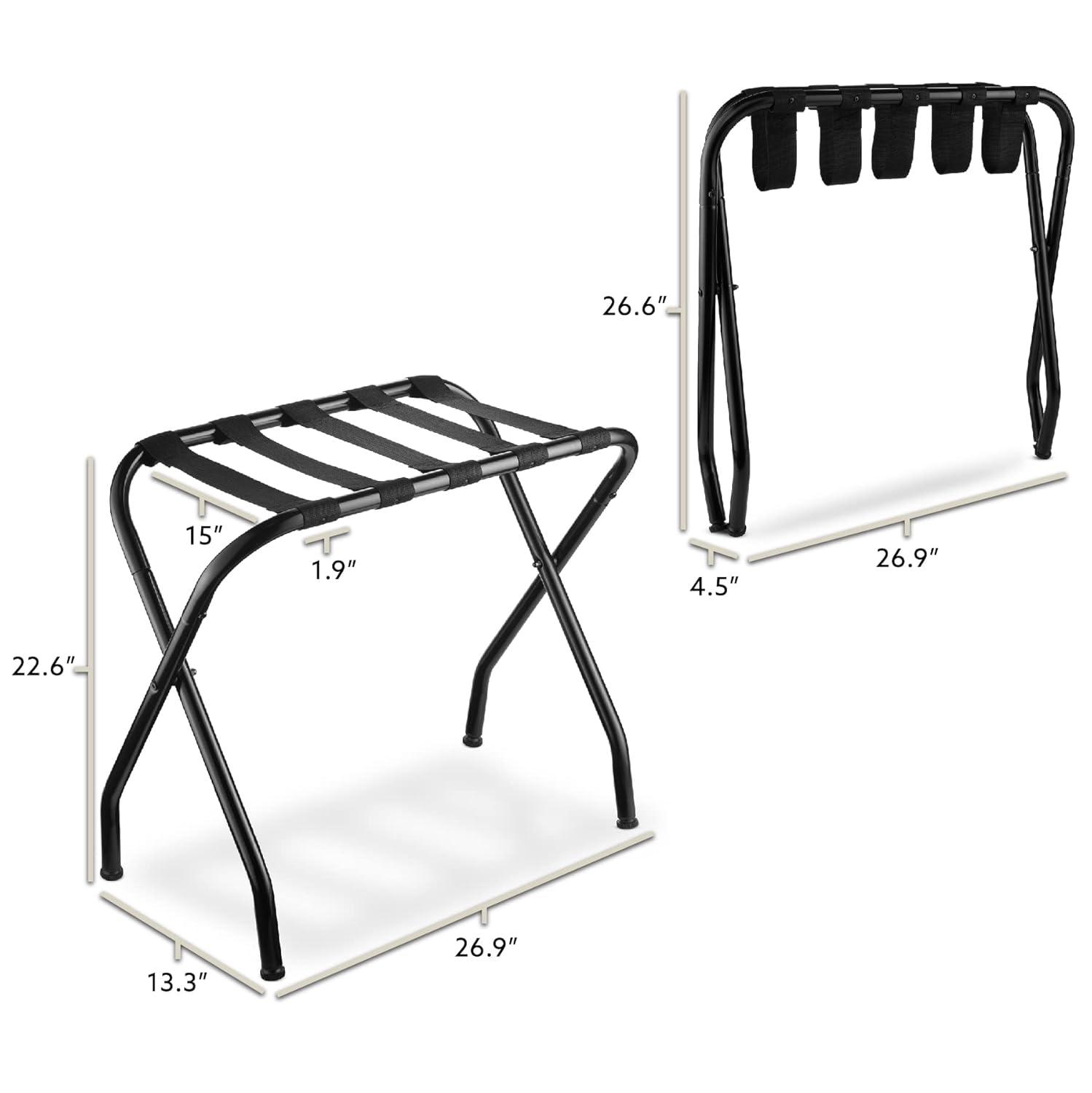 BINO 2-Pack Folding Luggage Rack Collapsible Metal Suitcase Stand With Durable Black Nylon Straps- For Bedroom, Guest Room, Or Hotel (Gray Steel)