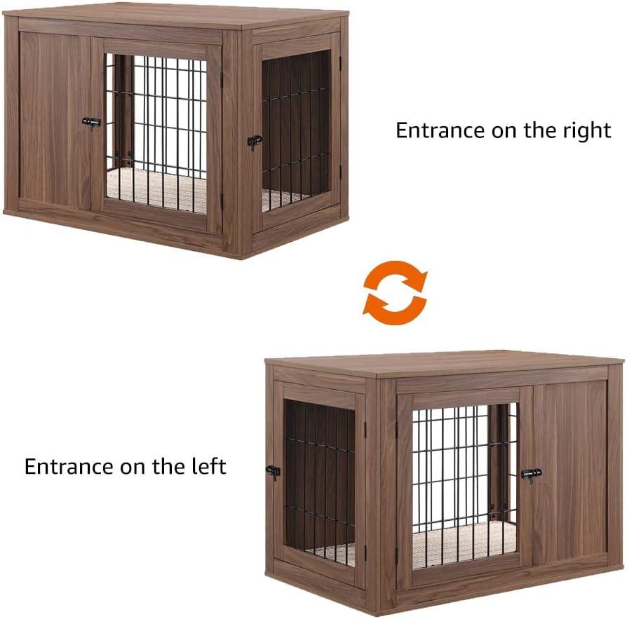 Unipaws Dog Crate End Table with Cushion, Wooden Wire Pet Kennels with Double Doors