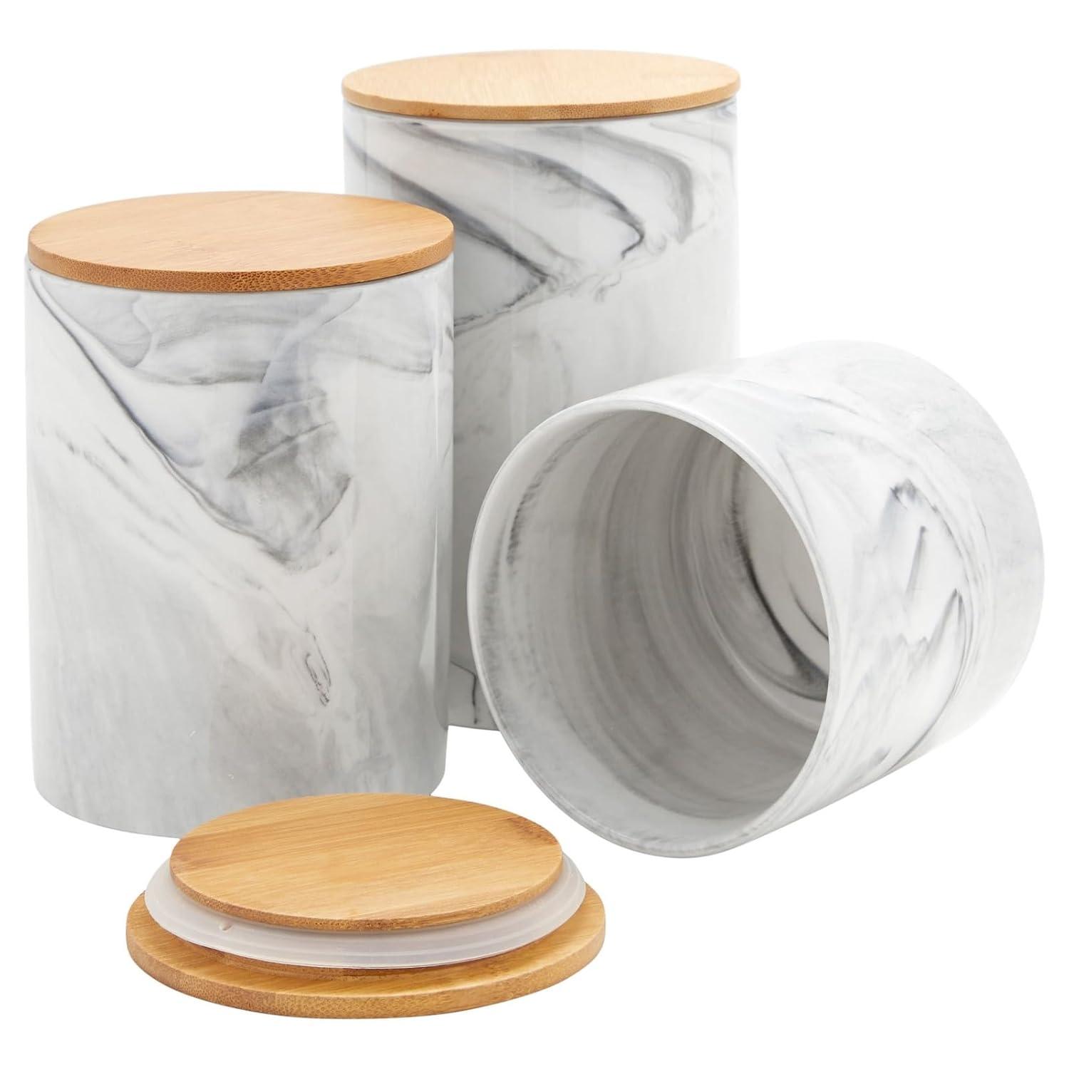 Farmlyn Creek Set of 3 Marble Ceramic Canisters with Wooden Bamboo Lids, Kitchen Counter Containers, Food Storage Jars, 3 Sizes