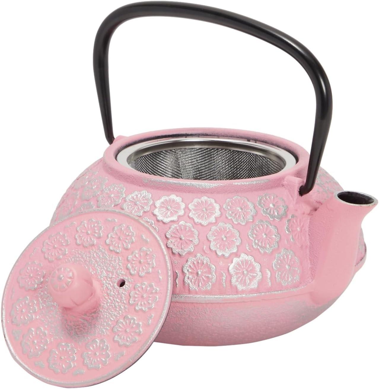 Juvale Green Cast Iron Floral Teapot Kettle with Stainless Steel Infuser Set, Japanese Tea Pot for Kitchen Pantry, 34 oz