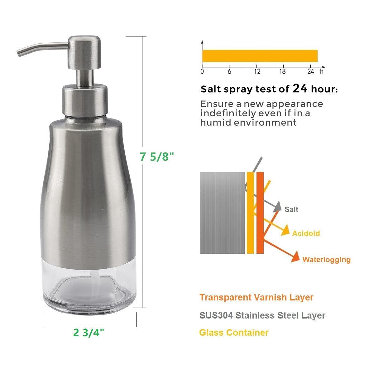 Soap Dispenser with Coaster and Stickers, Brushed Nickel Stainless Steel Case Glass Liner Hand Pump Dispenser, Refillable Liquid Hand Soap Dispenser for Bathroom & Kitchen (11OZ / 320ML)
