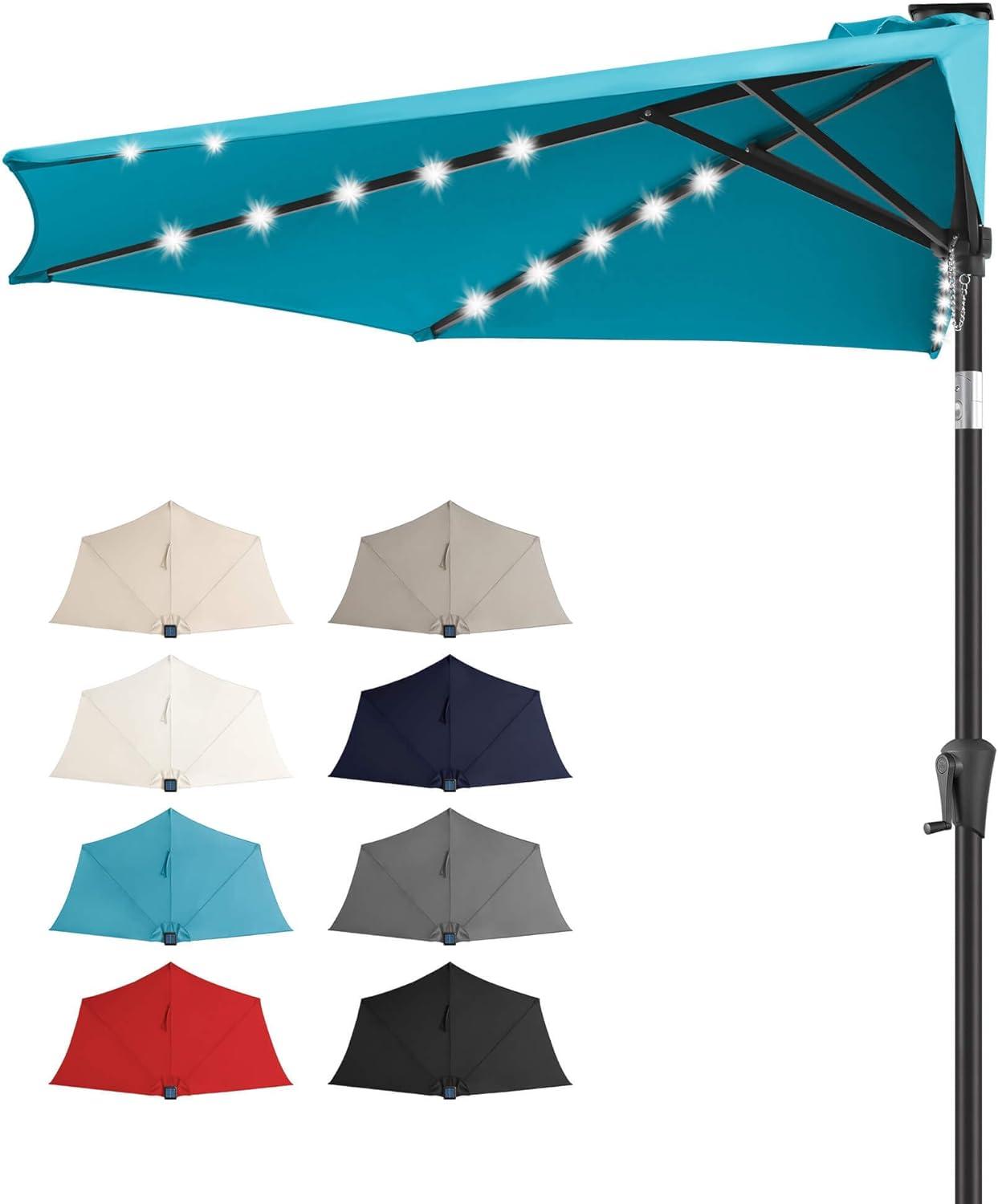 FLAME&SHADE 9 ft Half Round Solar Powered Outdoor Market Patio Table Umbrella for Wall Balcony with LED Lights and Tilt, Aqua Blue
