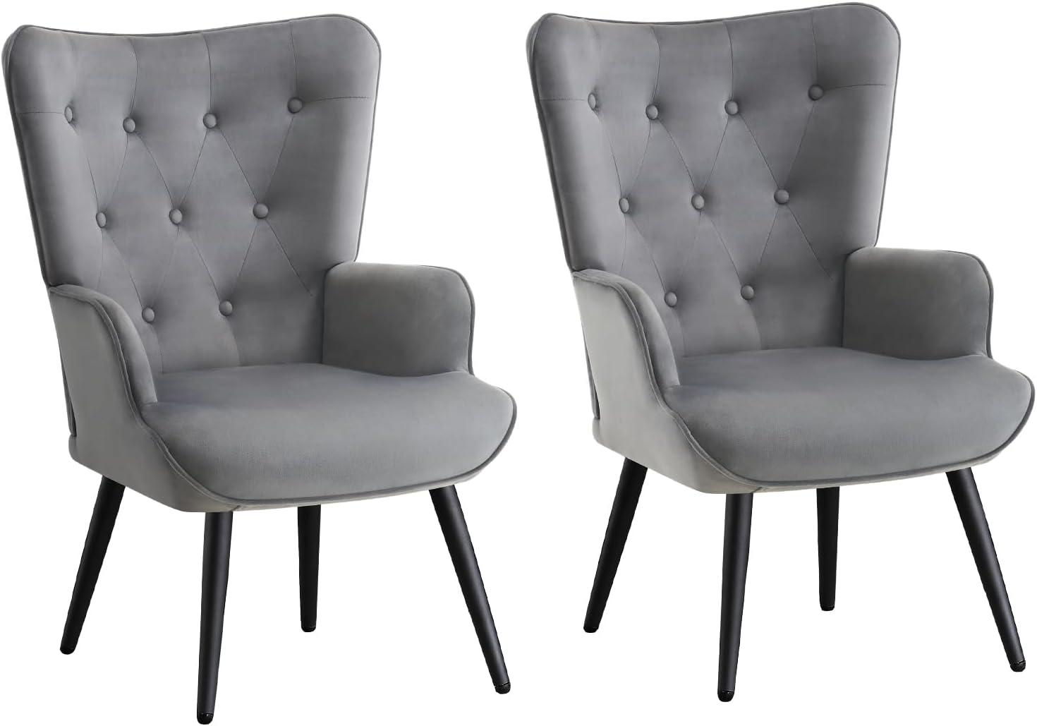 Furniliving Modern Accent Chairs Upholstered Velvet Wingback Chair with High Backrest Arm Chair Set of 2, Grey