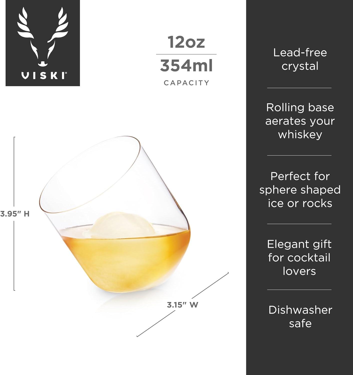 Viski Rolling Crystal Whiskey Tumblers Set of 2, Lead-Free Premium Crystal Clear Glass, Classic Lowball Cocktail Glasses, Scotch Glass Gift Set, 12 oz