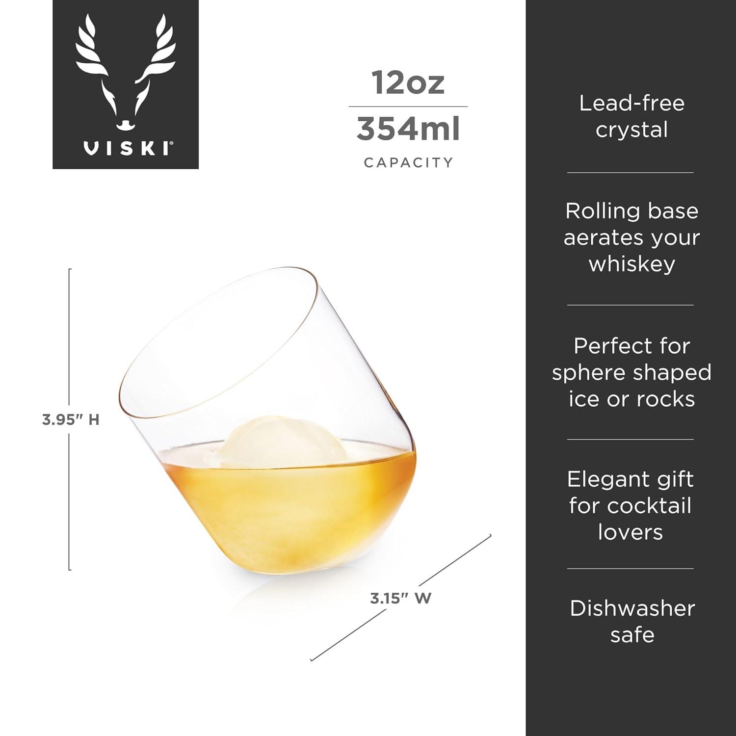 Viski Rolling Crystal Whiskey Tumblers Set of 2, Lead-Free Premium Crystal Clear Glass, Classic Lowball Cocktail Glasses, Scotch Glass Gift Set, 12 oz