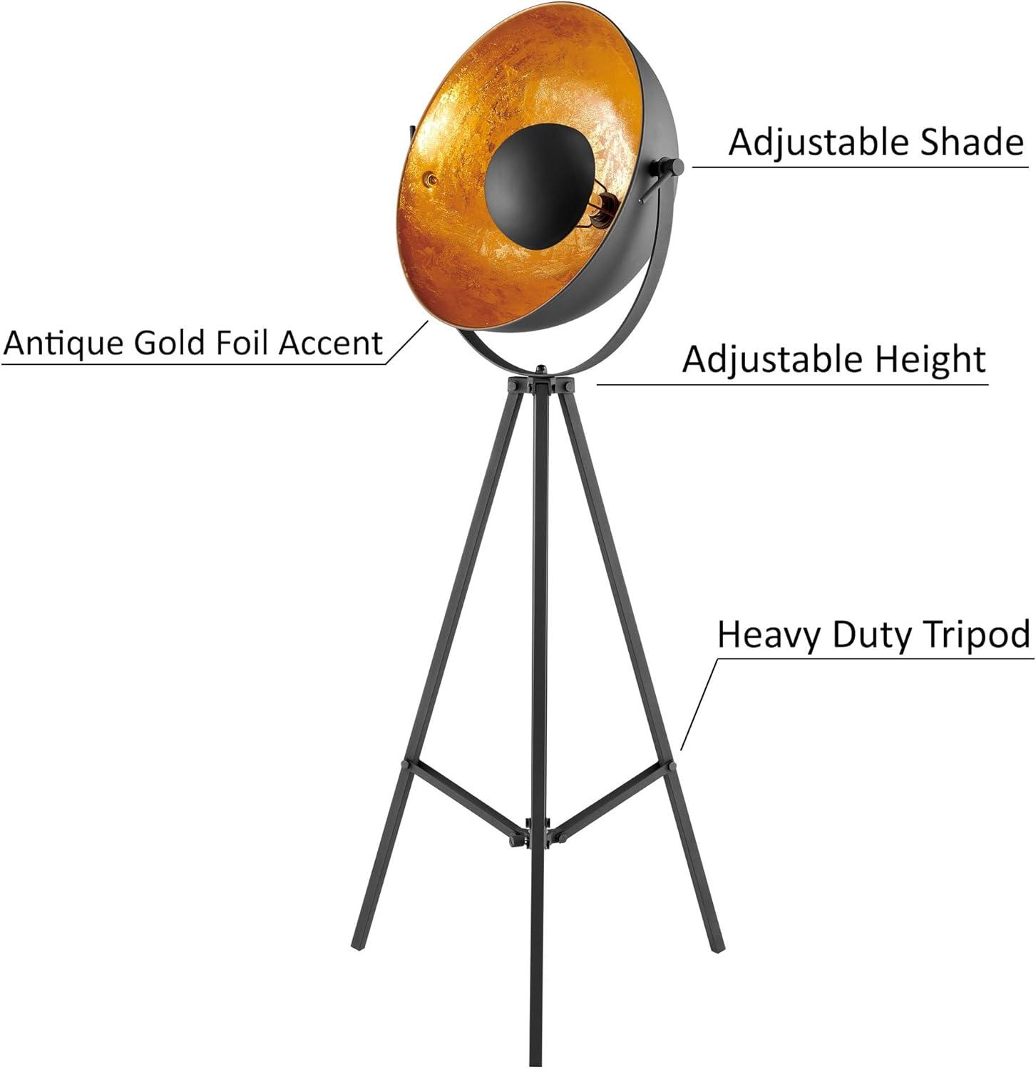 Adjustable Black and Gold Tripod Floor Lamp with Dome Shade