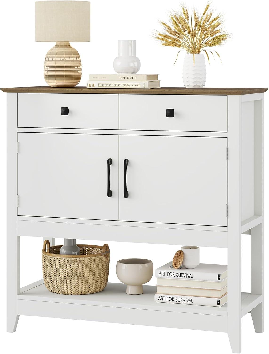 White and Brown Farmhouse Console Table with Storage