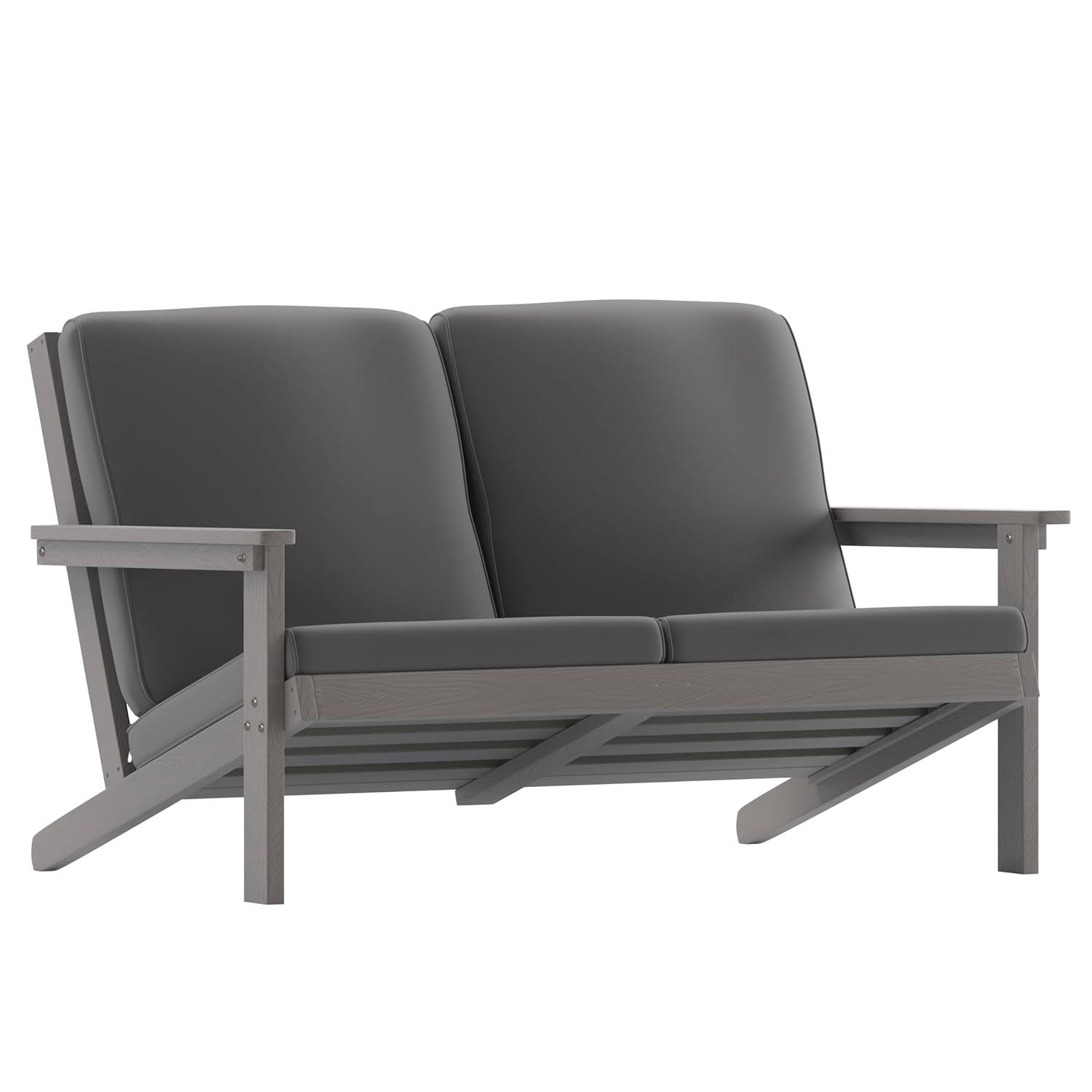 Flash Furniture Charlestown All-Weather Poly Resin Wood Adirondack Style Deep Seat Patio Loveseat with Cushions, Gray/Gray