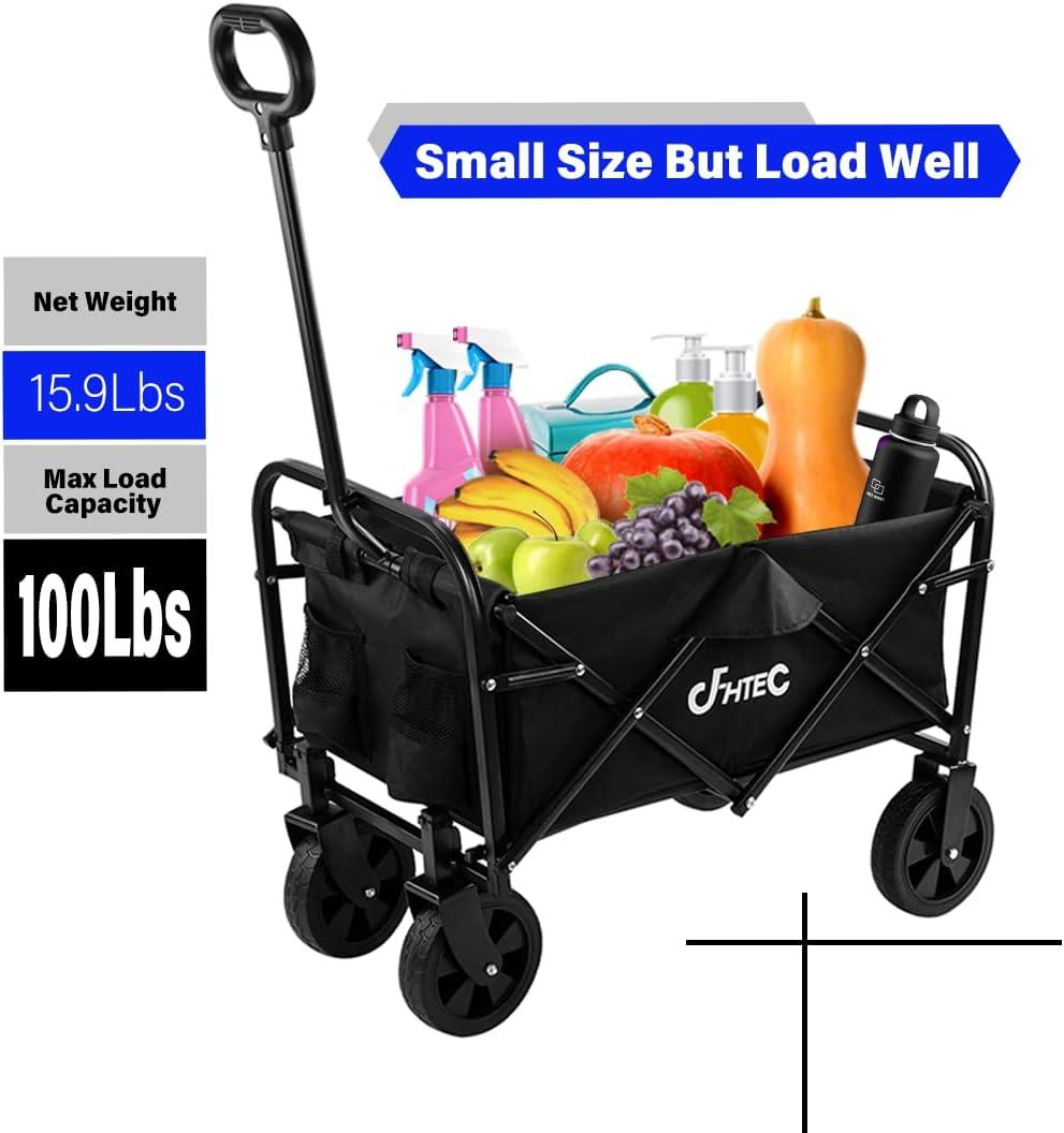 Folding Wagon Cart Heavy Duty Collapsible Utility Wagon Outdoor Camping Garden Cart with Universal Wheels for Camping, Sports, Shopping (All Black)