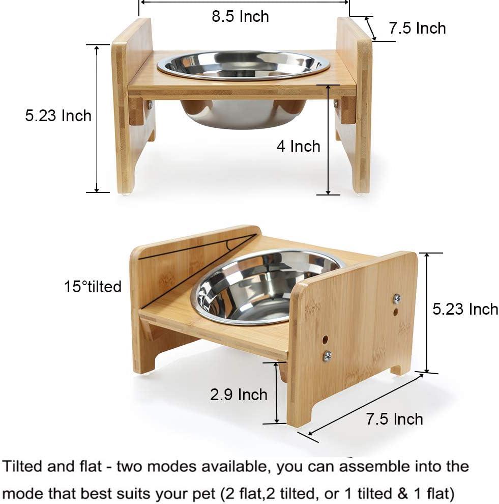 YY FOREYY Set of 2 Raised Pet Bowls for Dogs and Cats - Bamboo Tilted Single Elevated Dog Cat Food and Water Bowls Stand Feeder with 3 Stainless Steel Bowls and Anti Slip Feet for Comfort Feeding(S)