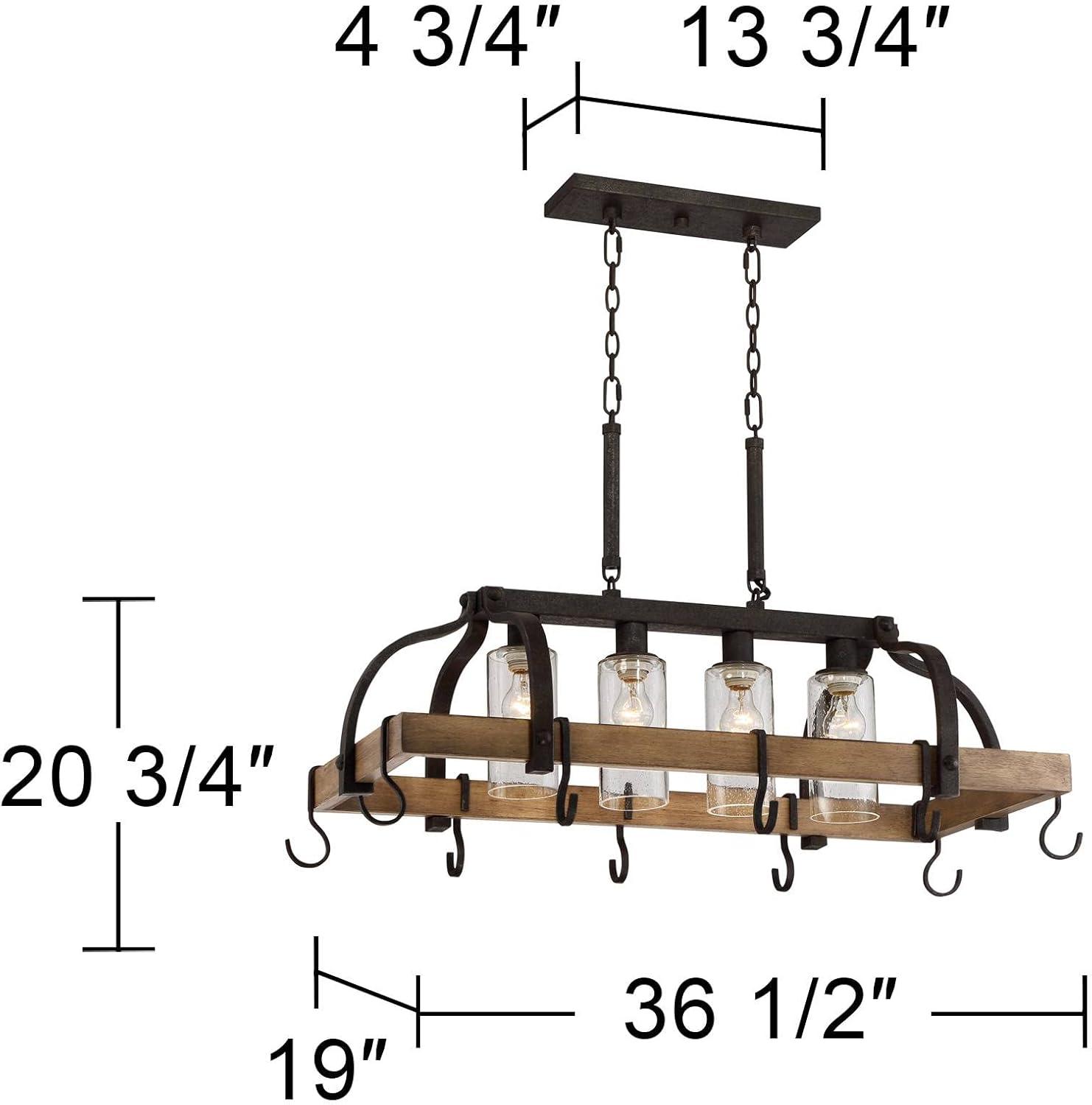 Eldridge Bronze and Wood Pot Rack Chandelier with Seeded Glass