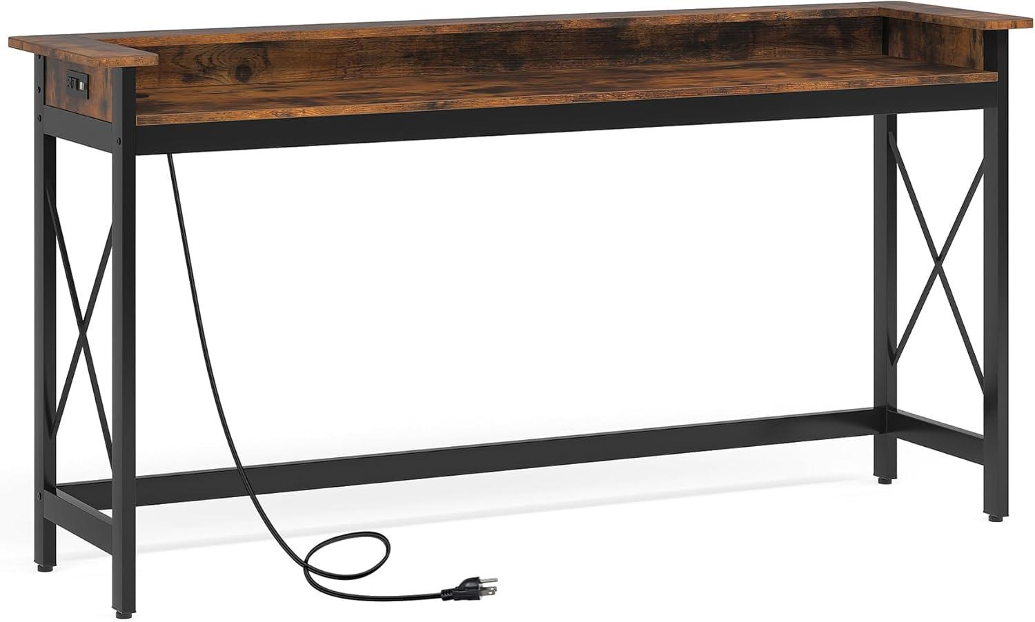 Tribesigns Sofa Table with Outlets and USB Ports, 70.9 inch Console Table, Industrial Entryway Hallway Accent Table for Living Room,Brown & Black