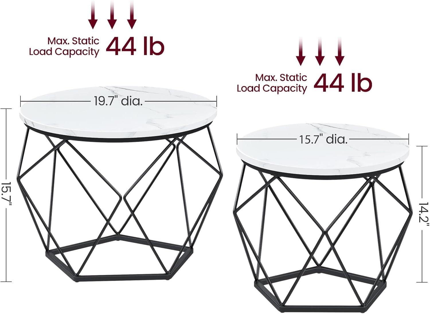 Round White Marble and Black Metal Nesting Coffee Table Set