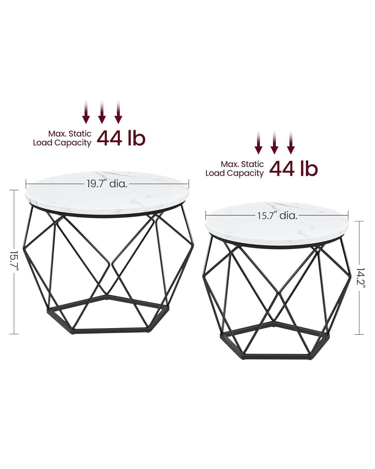 VASAGLE Small Coffee Table Set of 2, Round Coffee Table with Steel Frame, Side End Table for Living Room, Bedroom, Office, Marble White and Ink Black