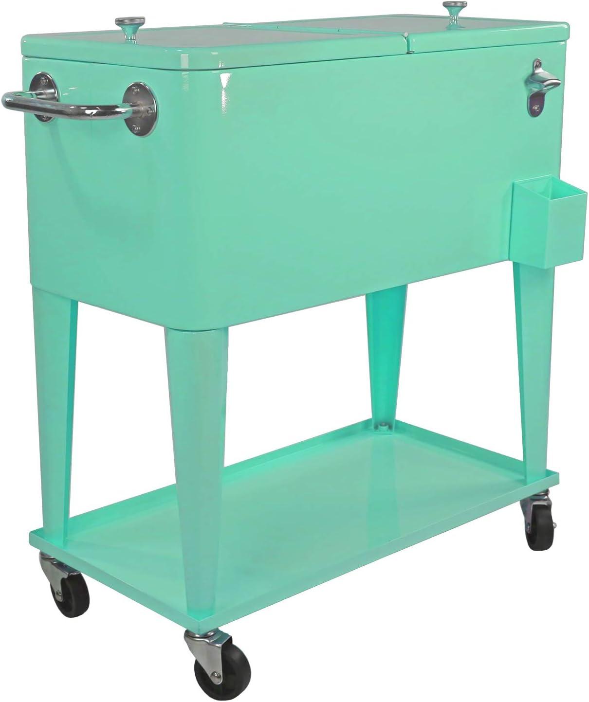 80 Qt. Retro Rolling Cooler Ice Chest Cart with Shelf & Bottle Opener - Great for Outdoors, Patios, Decks, Parties, Backyards