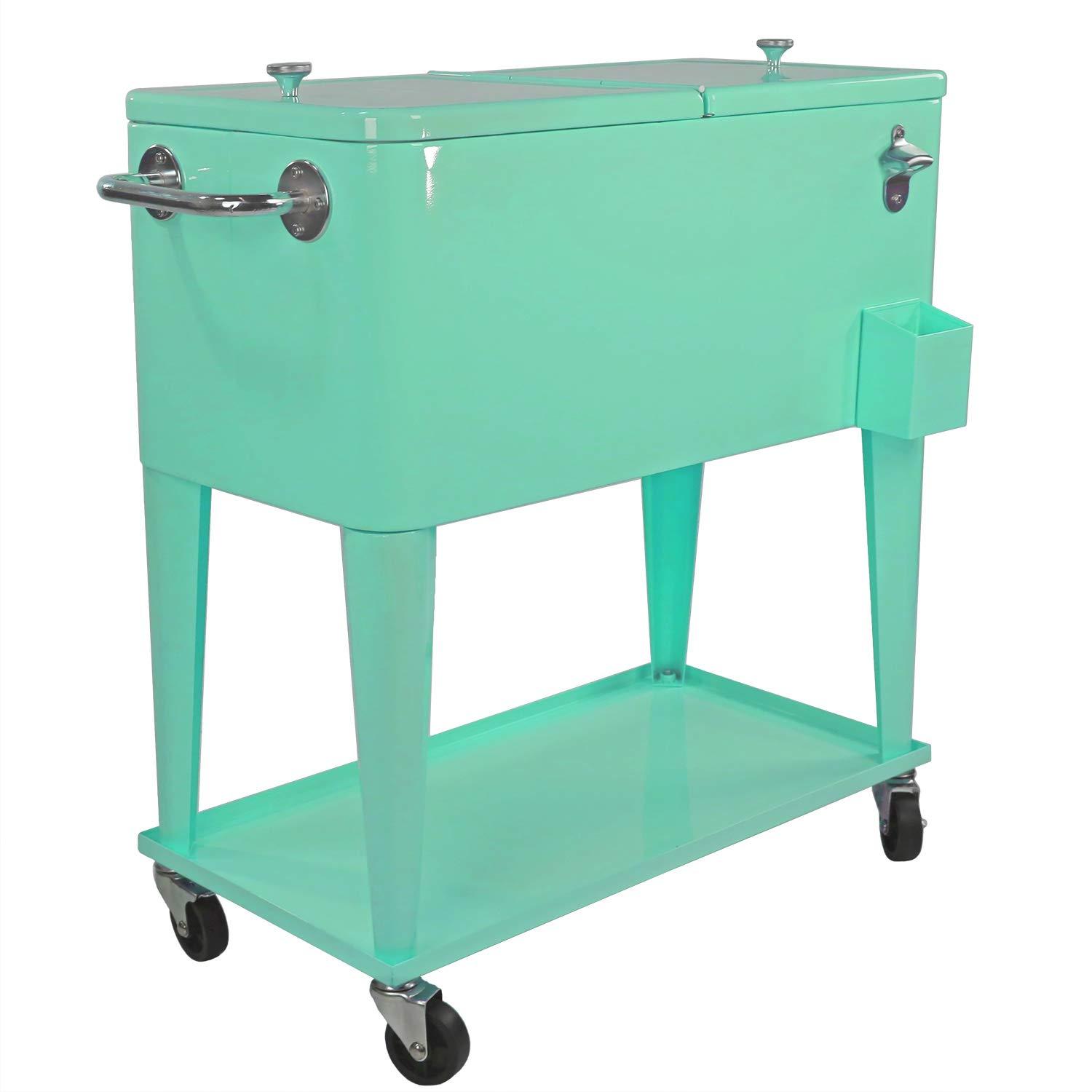 80 Qt. Retro Rolling Cooler Ice Chest Cart with Shelf & Bottle Opener - Great for Outdoors, Patios, Decks, Parties, Backyards