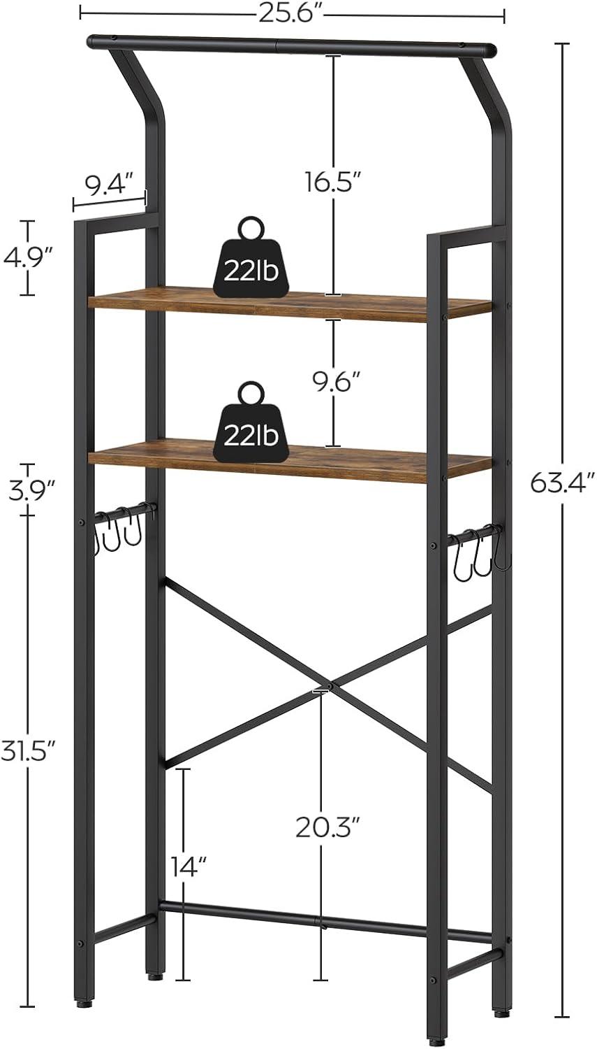 Over The Toilet Storage, 2-Tier Bathroom Organizer Shelves with Hooks, Multifunctional Vertical The Toilet Shelf Storage Rack for Bathroom, Rustic Brown and Black TR01BR