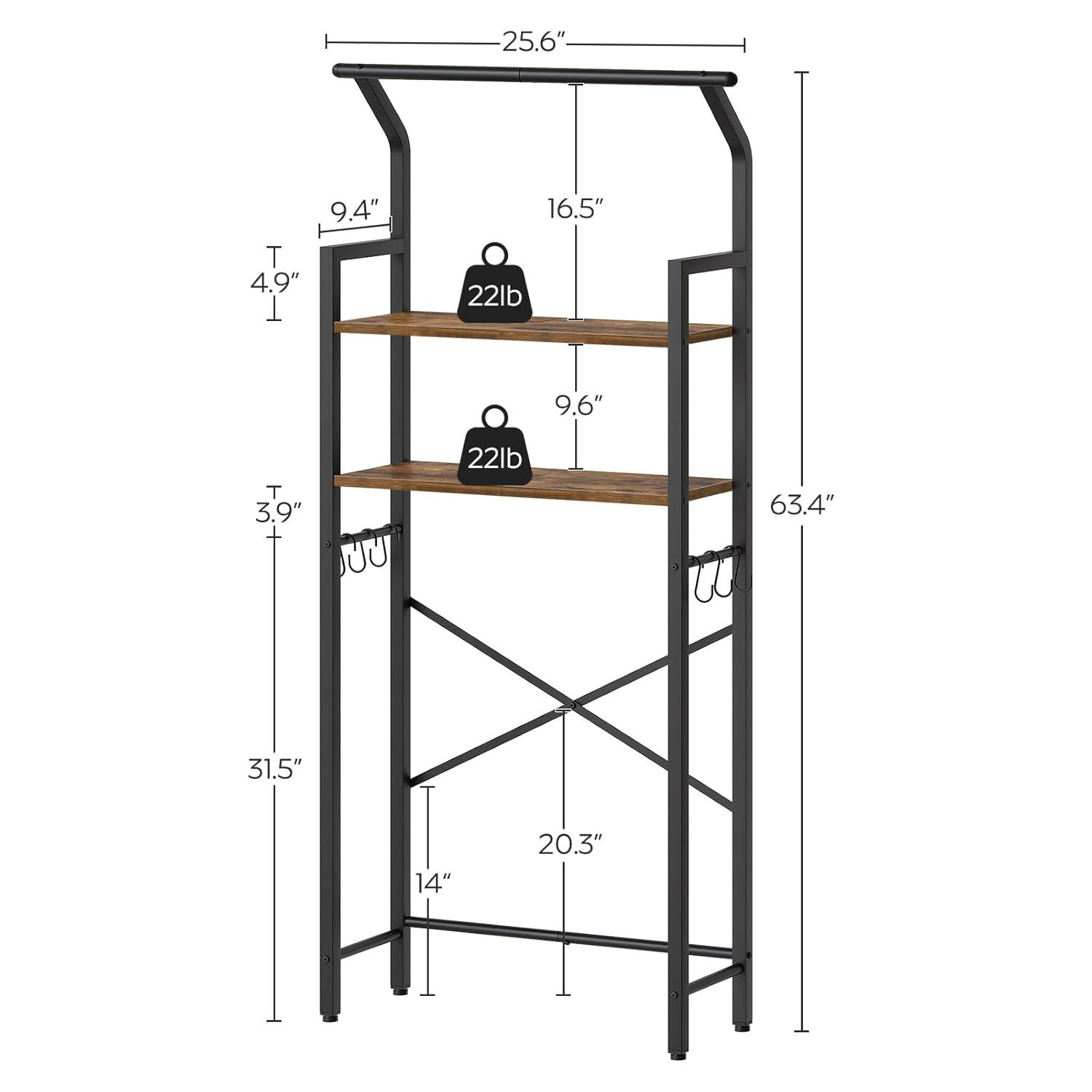 Over The Toilet Storage, 2-Tier Bathroom Organizer Shelves with Hooks, Multifunctional Vertical The Toilet Shelf Storage Rack for Bathroom, Rustic Brown and Black TR01BR
