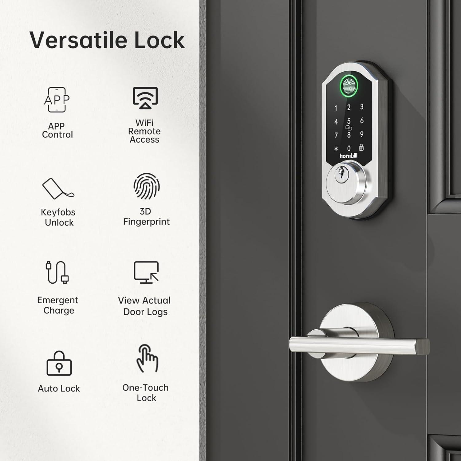 Wi-Fi & Bluetooth Smart Lock, Keyless Entry Smart Front Lock, hornbill Touch Screen Keypads, App Control, Auto Lock, Compatible with Alexa, Remotely Control (Included G2 Gateway)