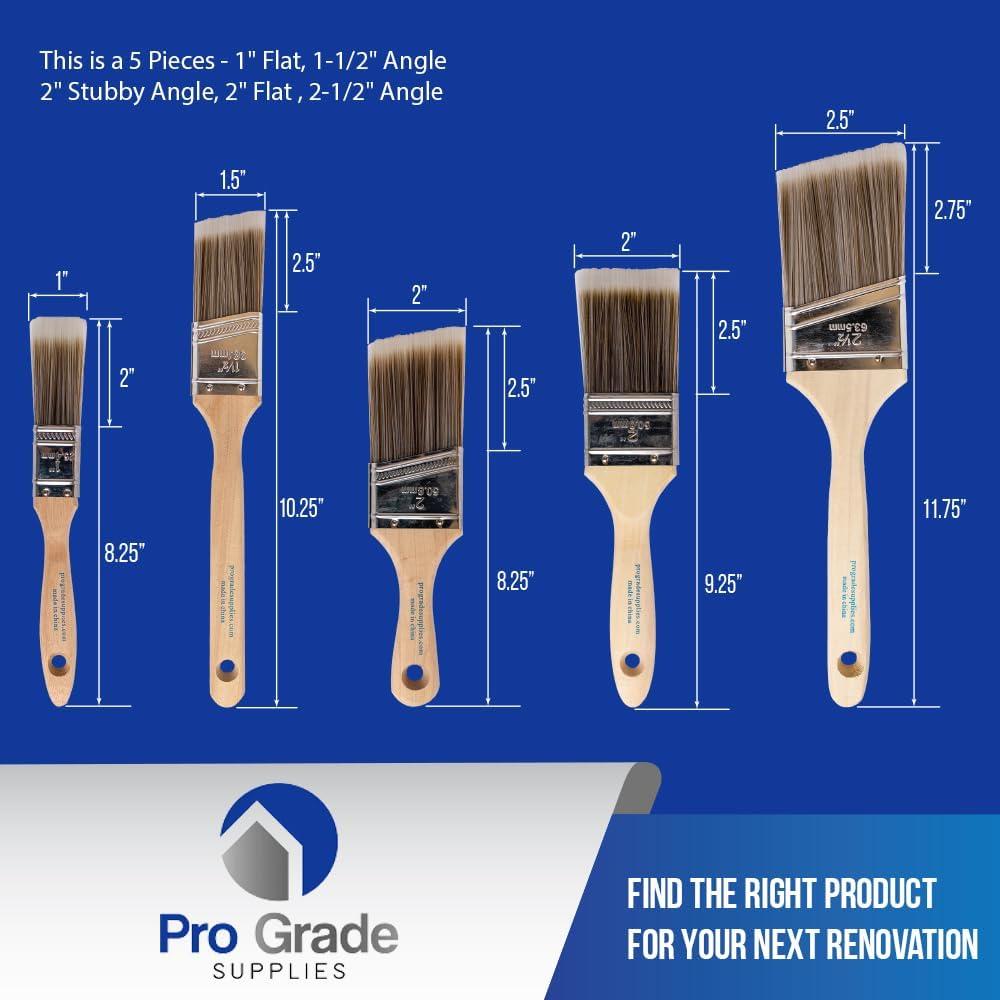 Pro Grade Premium Paint Brushes, 5 Piece Variety Set, Interior/Exterior Painting