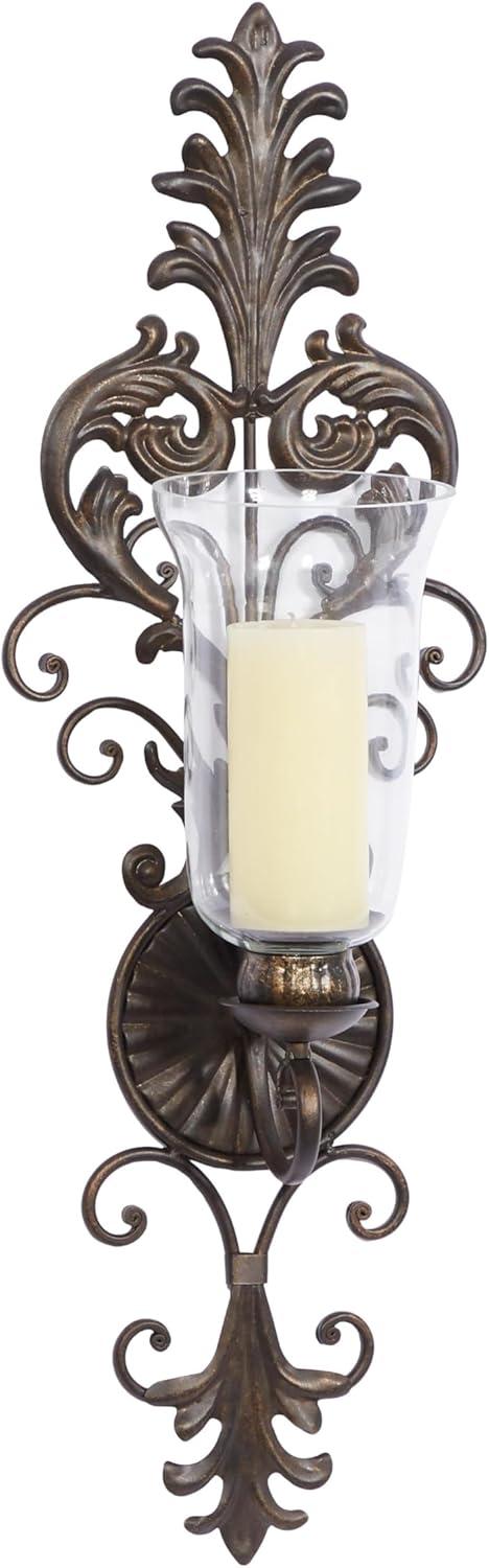DecMode Bronze Glass Wall Sconce with Scroll Designs