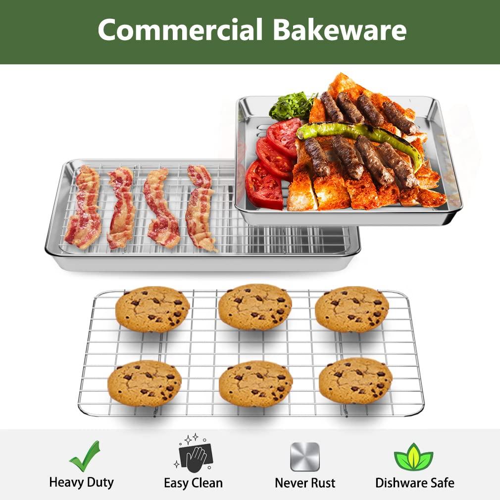 Baking Sheet with Rack Set [2 Pans + 2 Racks ] HKJ Chef Stainless Steel Cookie Sheet Baking Pan Tray with Cooling Rack, Size 9x7x1 Inch, Non Toxic & Heavy Duty & Easy Clean