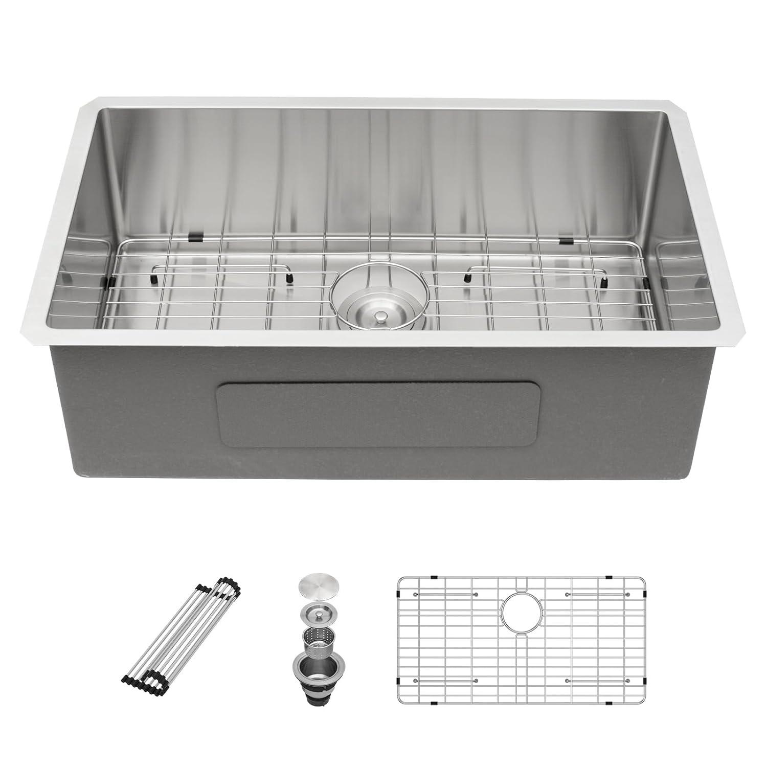Sarlai 27 Undermount Kitchen Sink - 27 x 18 Kitchen Sink Undermount Single Bowl 16 Gauge Stainless Steel Under Counter Kitchen Sinks Round Corner Basin