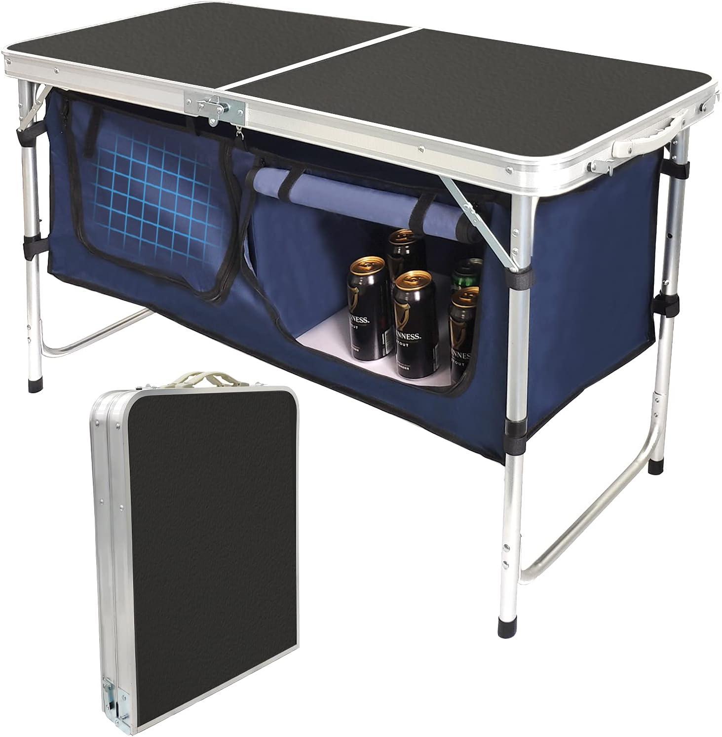 Black Aluminum Folding Camping Table with Storage