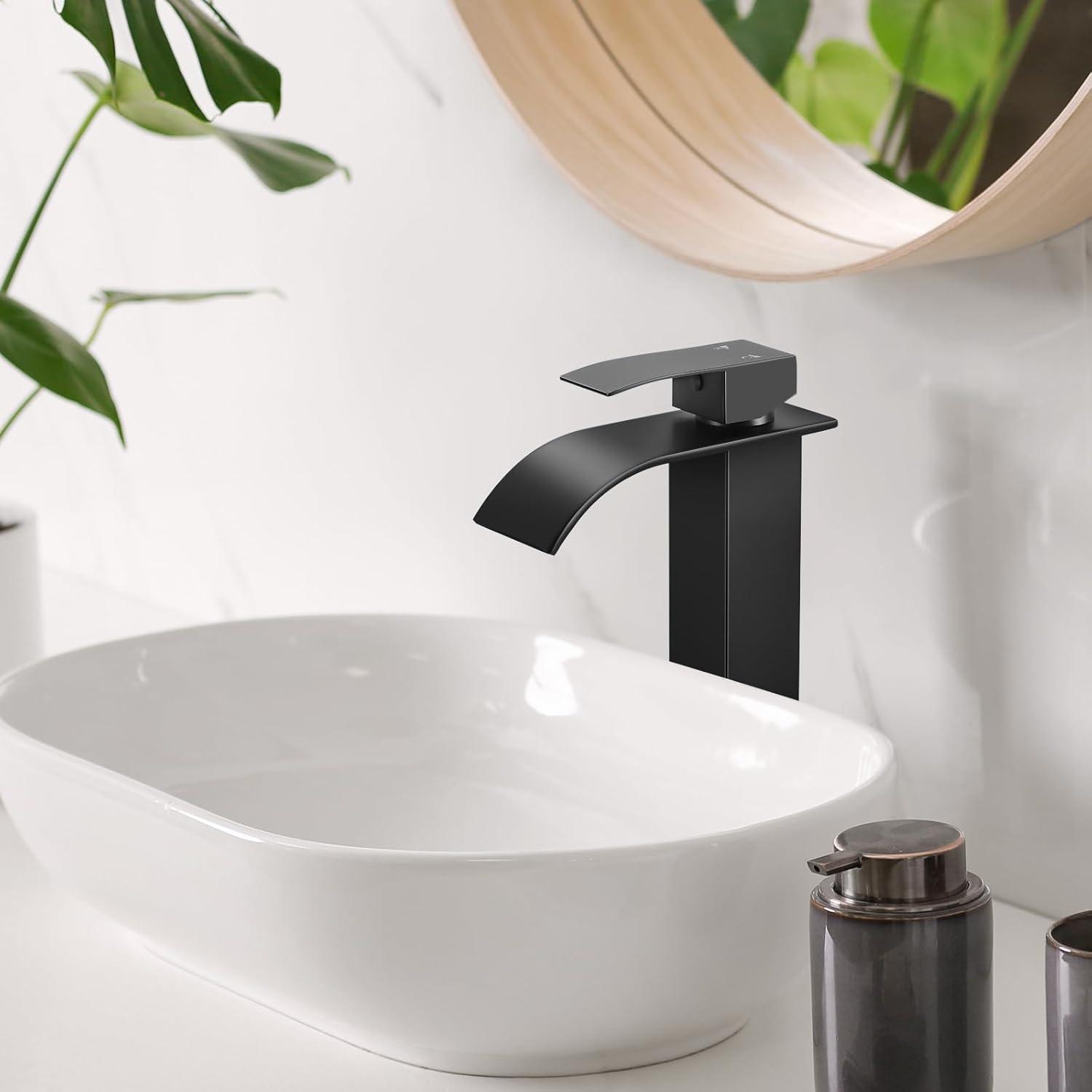 KZH Vessel Sink Faucet, Matte Black Tall Waterfall Spout Bathroom Faucet,Single Handle Bathroom Sink Faucet for 1 Hole Mixer Tap Washbasin Vanity Faucet with Pop-up Drain and Supply Hoses