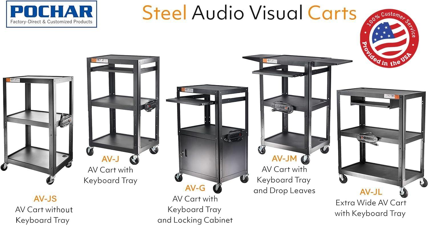 Adjustable Black Metal 3-Shelf AV Cart with Power Strip