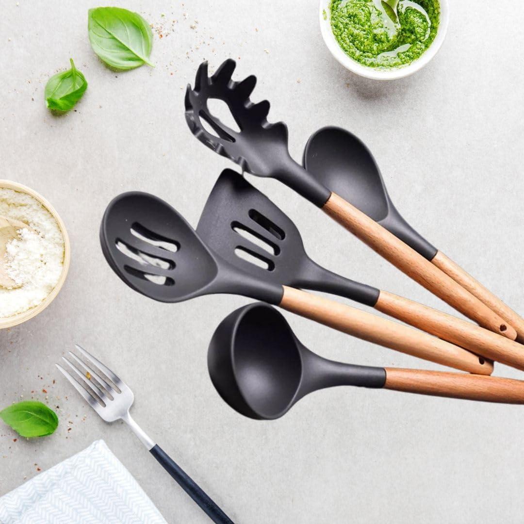 Silicone Cooking Utensils Set, 33 pcs Non-Stick Cooking Kitchen Utensils Set with Holder, Wooden Handle Gadgets Utensil Set (Gray)