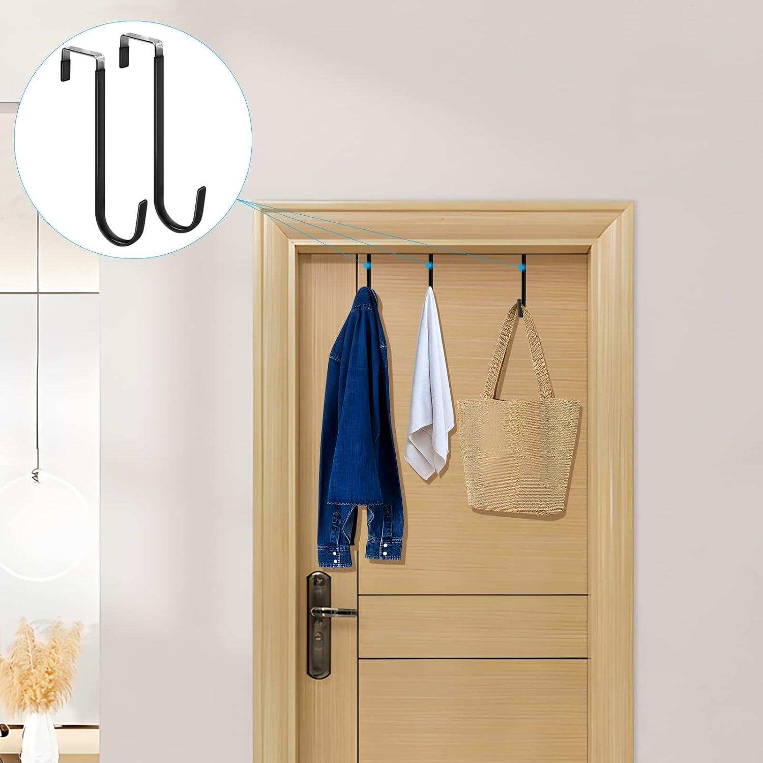 Over The Door Hooks, 4 Pack Upgraded Long Door Hangers Hooks with Rubber Prevent Scratches Heavy Duty Organizer Hooks for Hanging Clothes, Towels, Hats, Coats, Bags Black