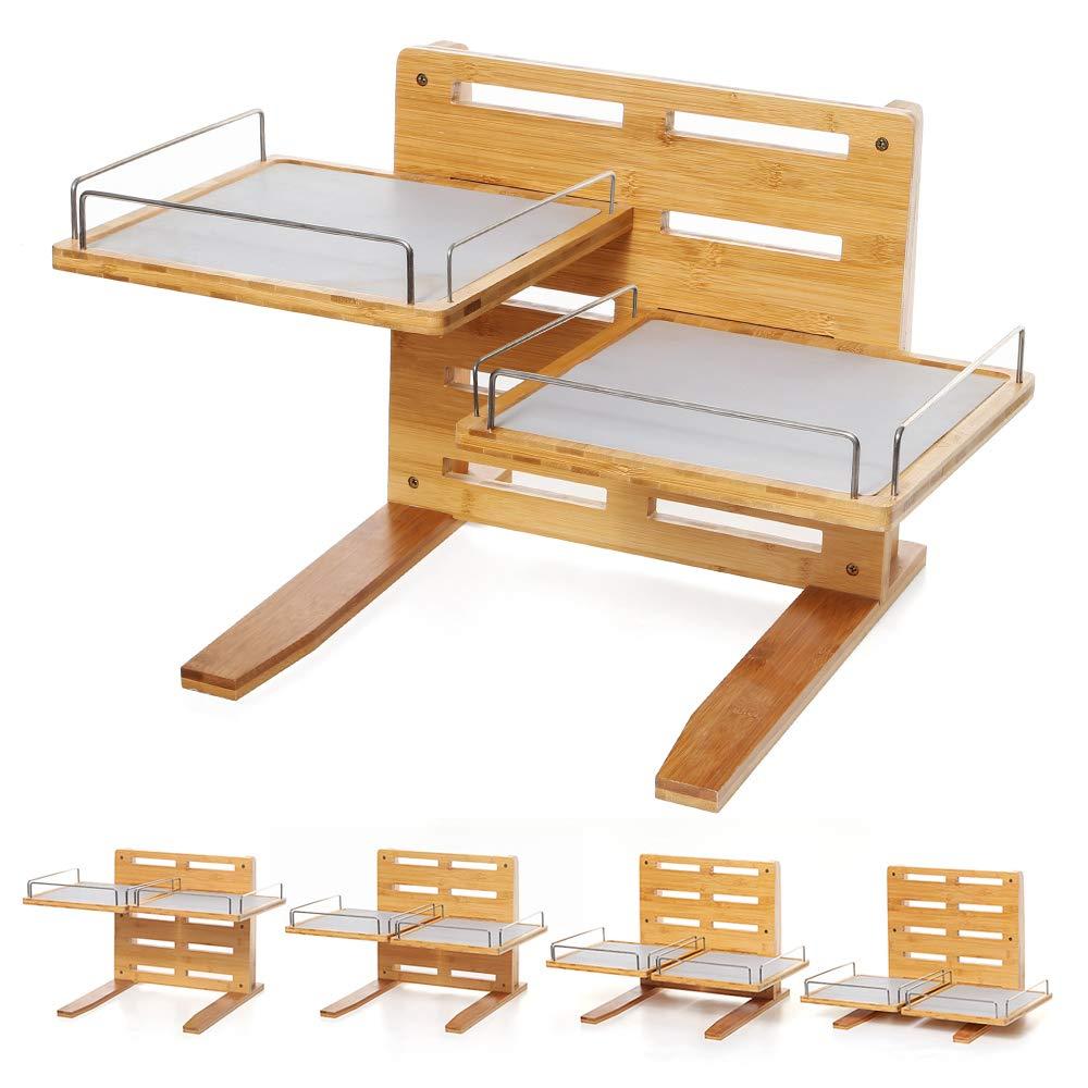 YY FOREYY Juego de 2 Tazones Elevados para Perros y Gatos, Tazones de Agua y Comida para Perros con Inclinación de Bambú, Comedero con 3 Tazones de Acero Inoxidable y Patas Antideslizantes para una Alimentación Cómoda