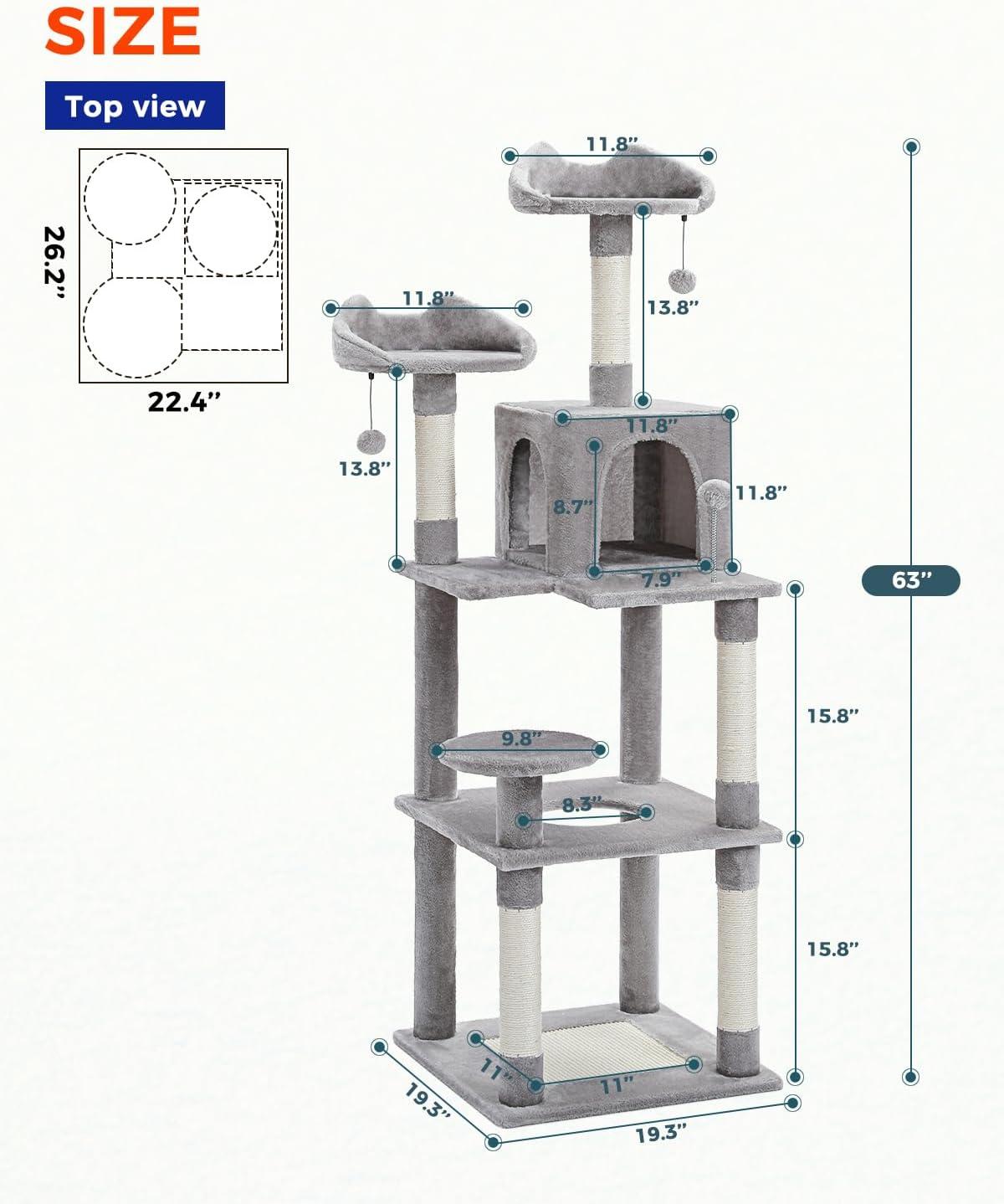 Multi-Level Cat Tree Tower With Cat Hammocks, Sisal Covered Scratching Post And Plush Top Perch