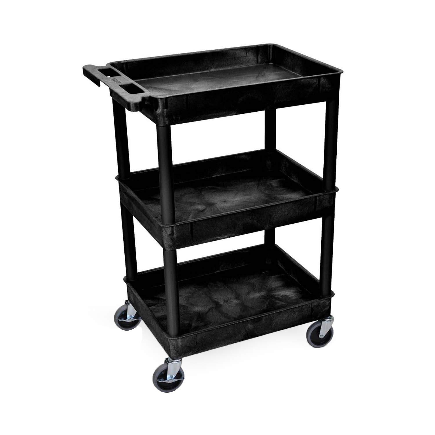 Black Three-Shelf Utility Tub Cart with Locking Brakes