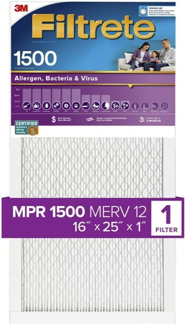 Filtrete 16x25x1 Air Filter, MPR 1500 MERV 12, Allergen, Bacteria and Virus, 1 Filter