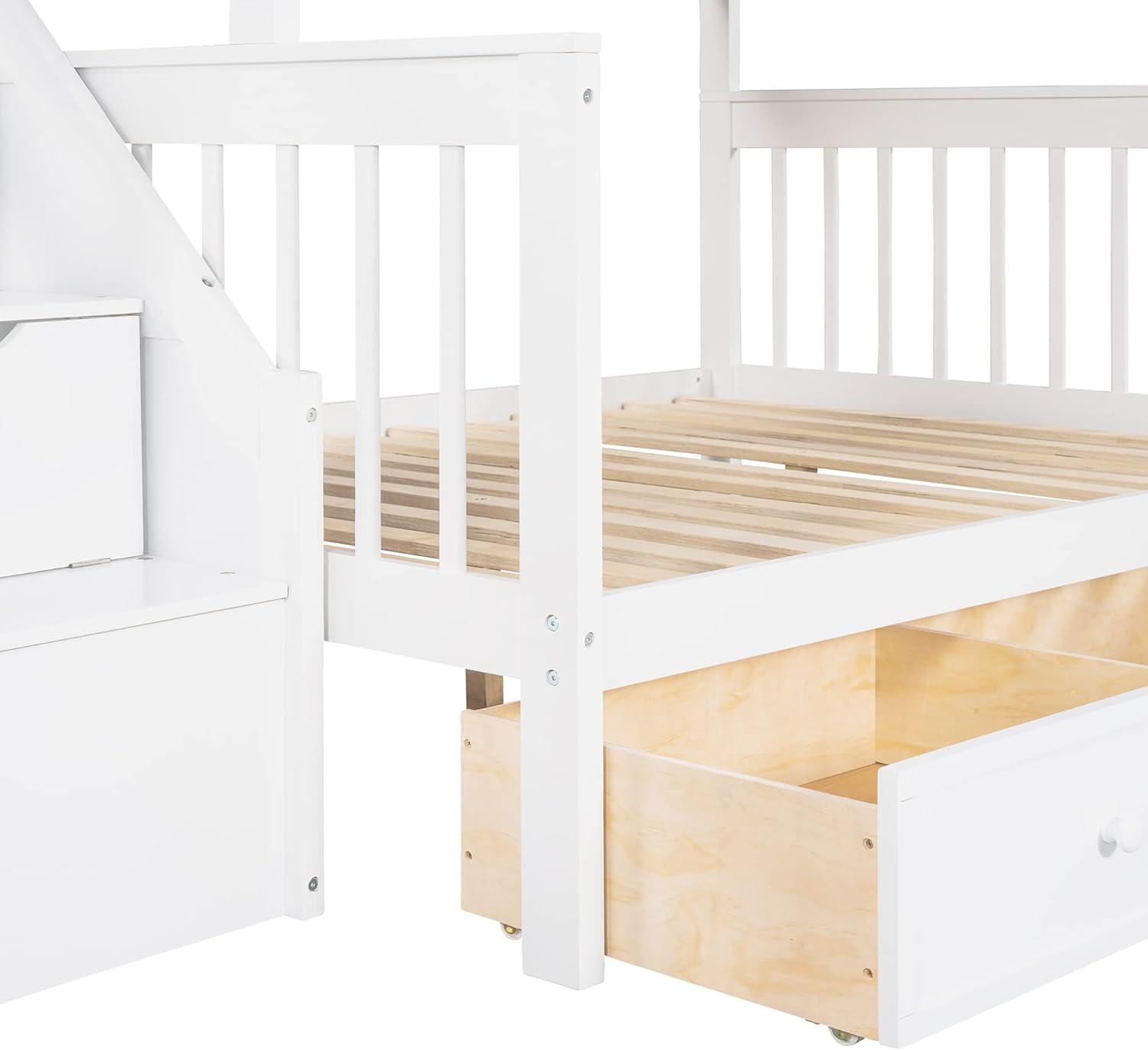 L Shaped Bunk Bed for 3, Triple Bunk Bed with 3 Drawers and Storage Stairs, Twin Over Full Bunk Bed & Twin Size Loft Bed, Wood Corner Beds for Kids, Teens, Adults. No Box Spring Needed(White)