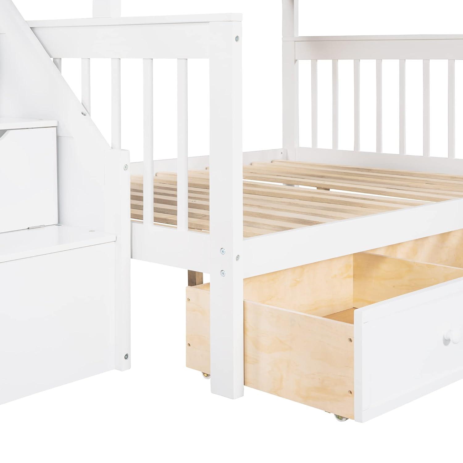 L Shaped Bunk Bed for 3, Triple Bunk Bed with 3 Drawers and Storage Stairs, Twin Over Full Bunk Bed & Twin Size Loft Bed, Wood Corner Beds for Kids, Teens, Adults. No Box Spring Needed(White)