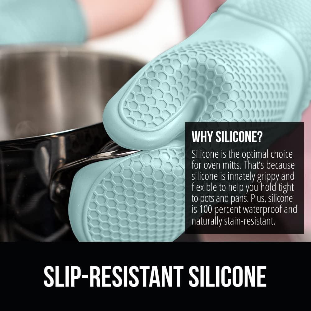GORILLA GRIP Heat and Slip Resistant Silicone Oven Mitts and Trivet Set, Waterproof, Set of 4, Mint