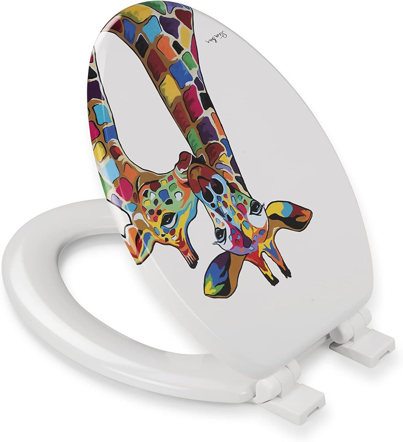 Croydex Steven Brown Artwork 19in Round Wood Toilet Seat, Colorful Giraffes Design