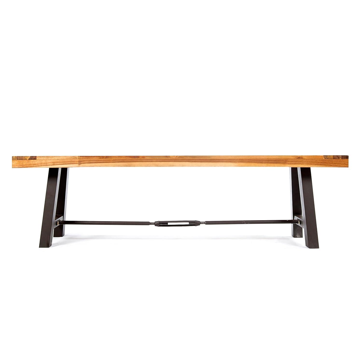 Teak Finish Acacia Wood Outdoor Bench with Rustic Metal Legs