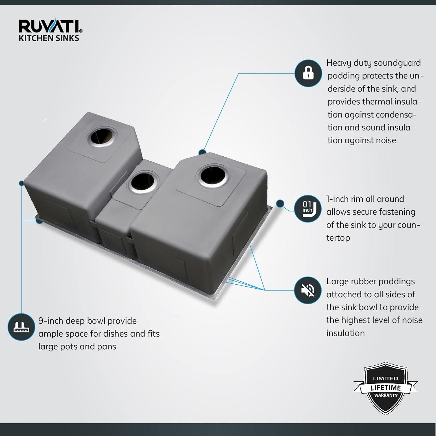 Ruvati 35" Triple Bowl Undermount 16 Gauge Stainless Steel Kitchen Sink