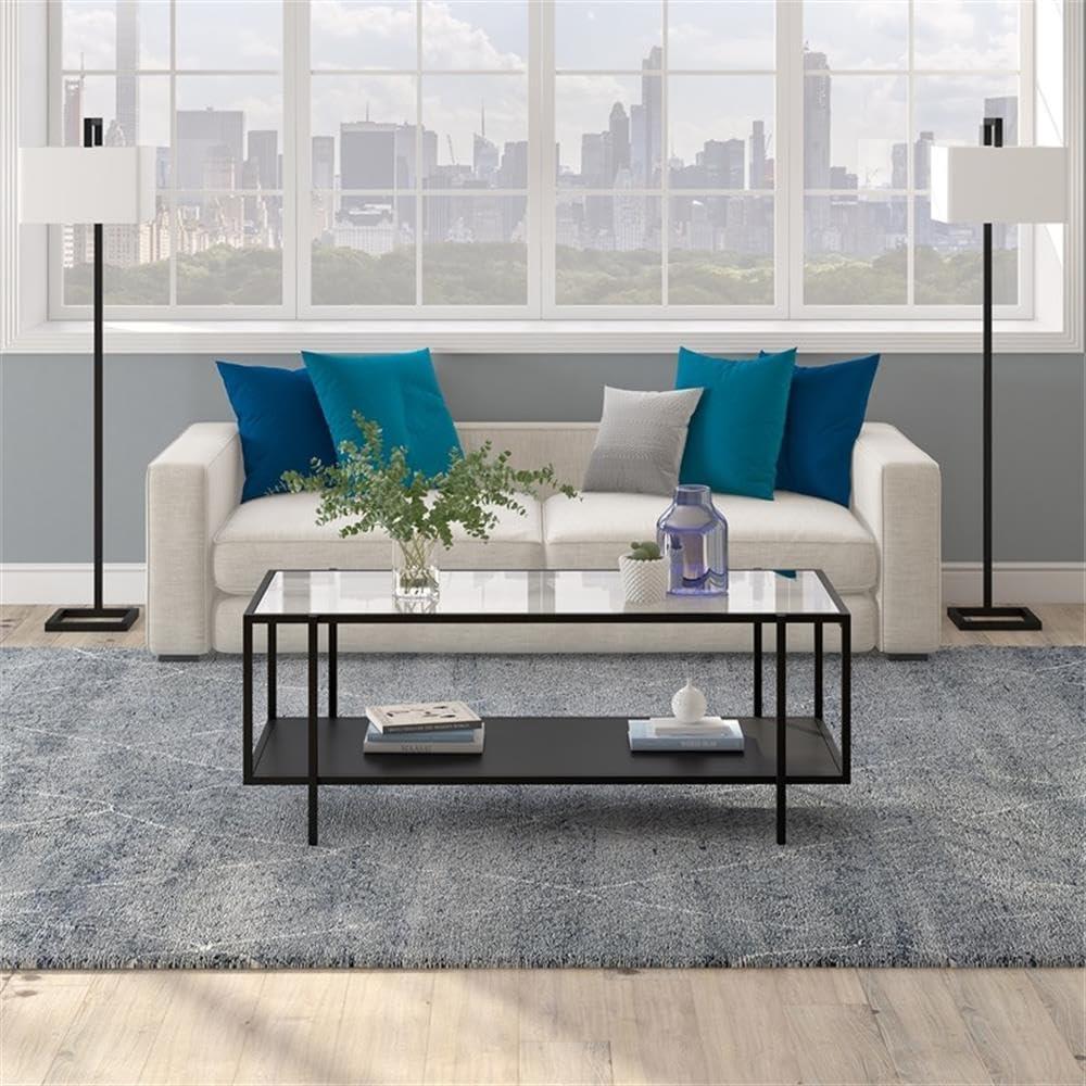 Evelyn&Zoe Vireo 45" Wide Rectangular Coffee Table with Metal Shelf in Blackened Bronze