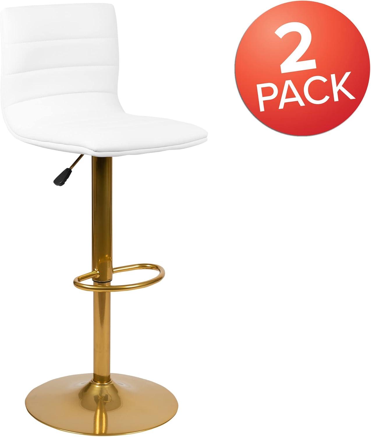 Flash Furniture Modern White Vinyl Adjustable Bar Stool with Back, Counter Height Swivel Stool with Gold Pedestal Base, Set of 2